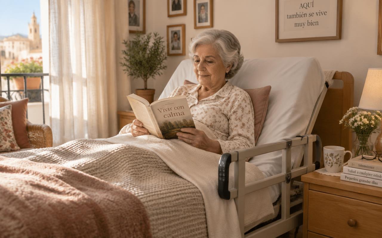 Mujer mayor incorporada leyendo en una cama articulada con barandilla, en su dormitorio iluminado por luz natural