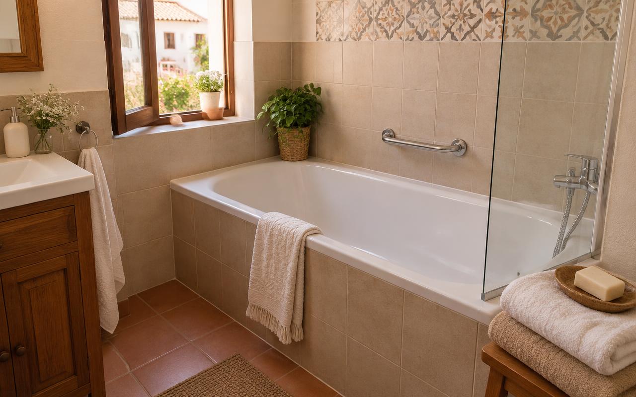 Bañera nueva instalada con asidero de apoyo en la pared de un baño de vivienda con luz natural
