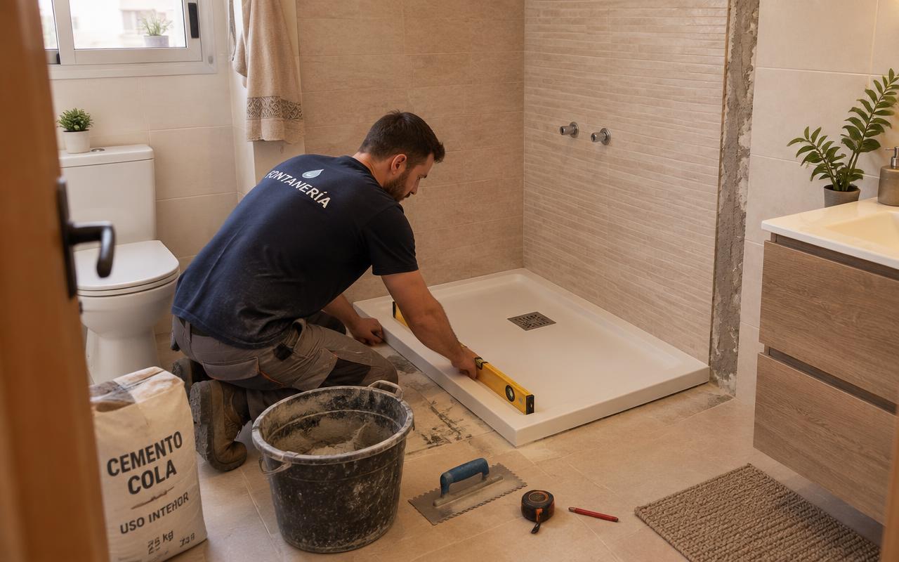 Instalador nivelando un plato de ducha extraplano antideslizante durante la reforma de un baño